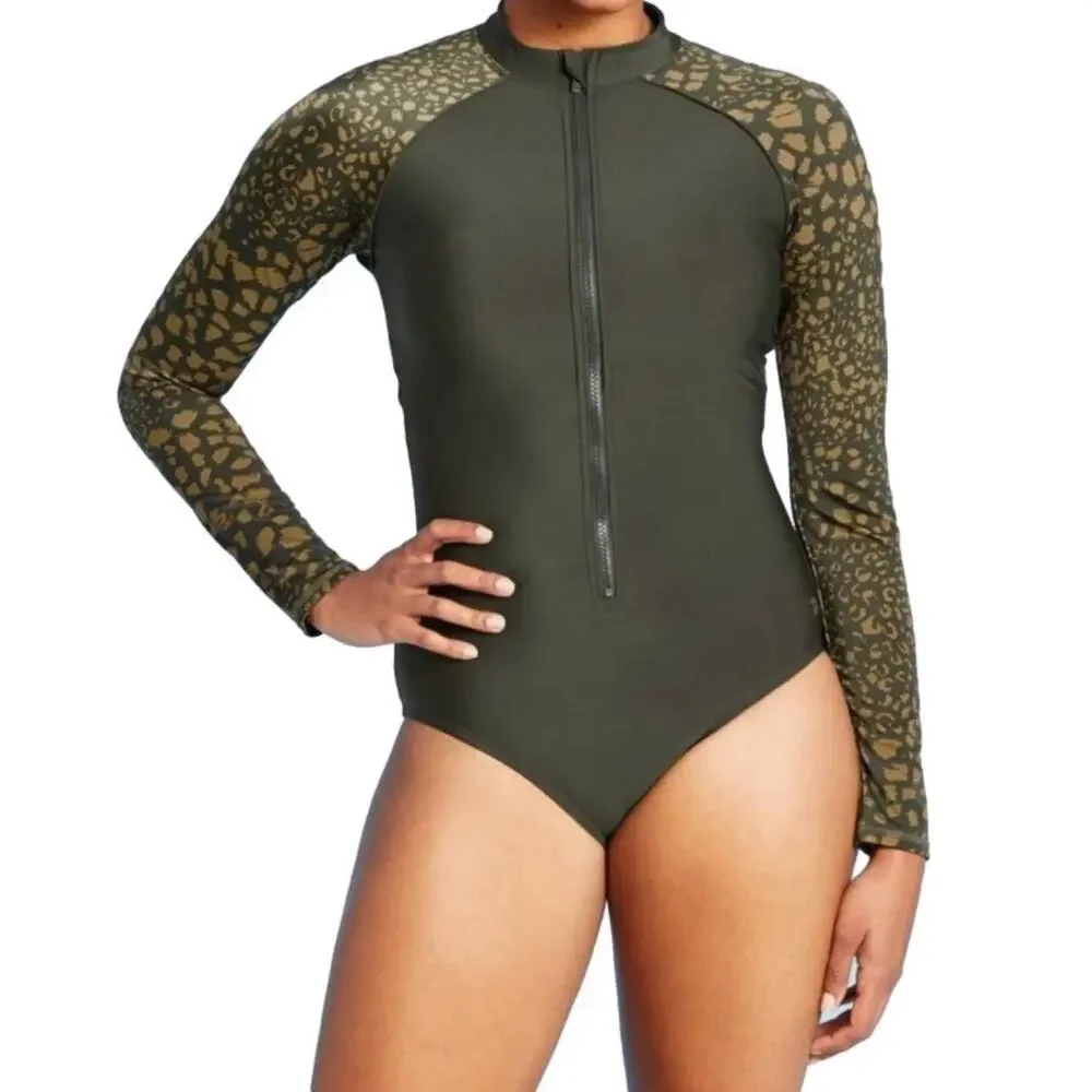 All in Motion Women's Long Sleeve One-Piece Rash Guard Swimsuit Green Leopard M